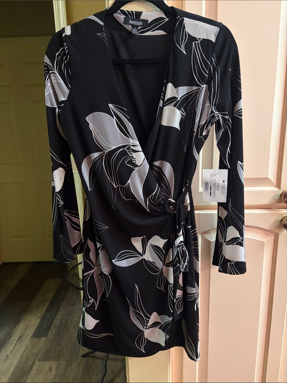 Kensie Black White Floral Wrap Dress